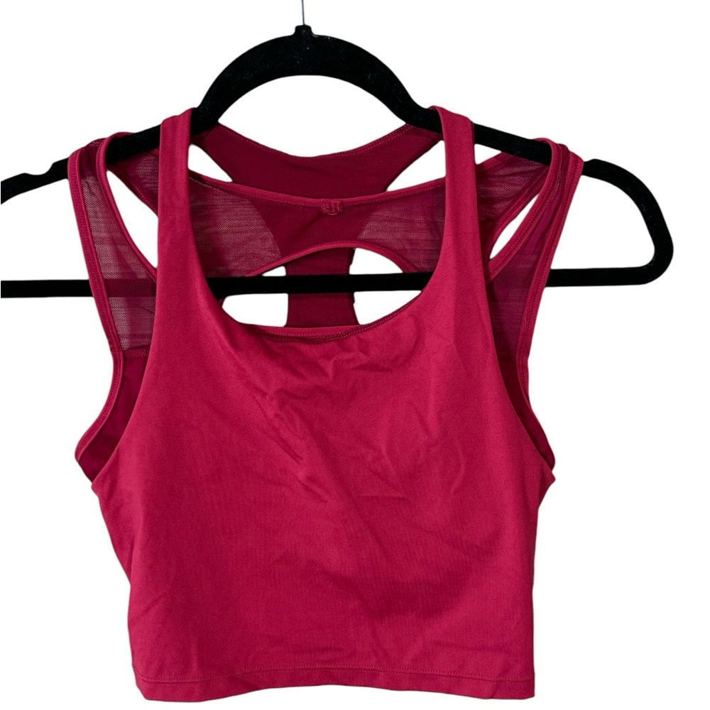 Savvi Crop Top Sports Bra, Raspberry Color, Size Medium, Layered Mesh Detail